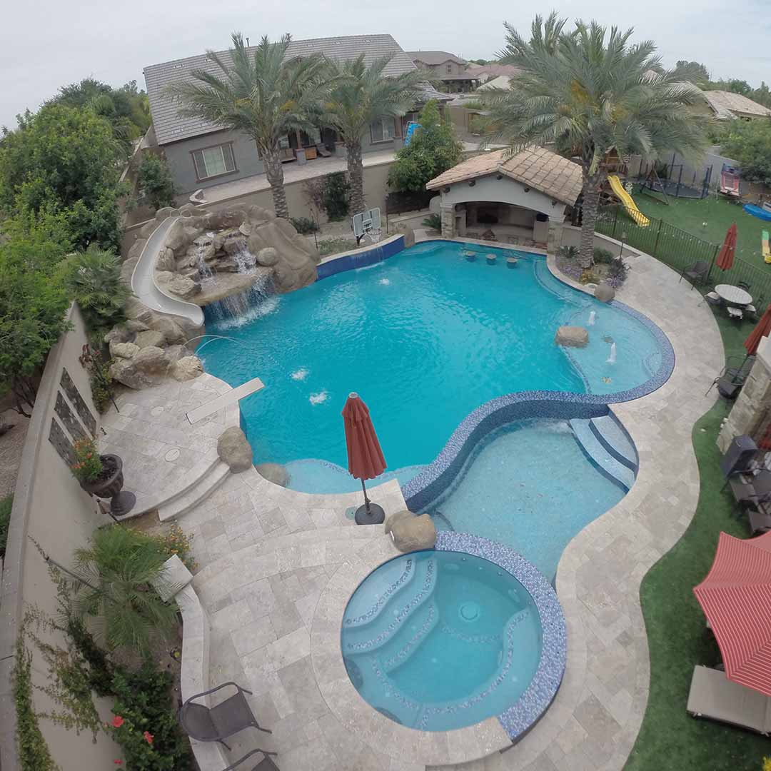 drone shot of pool before
